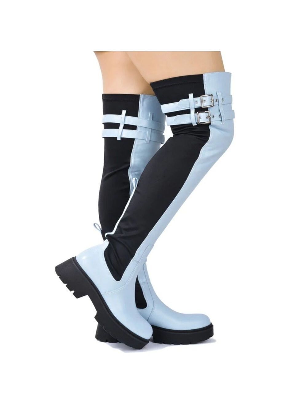 Techno Baby Blue Lycra Stretch Lug Sole Thigh High Combat Rider Brand New - Picture 14 of 16